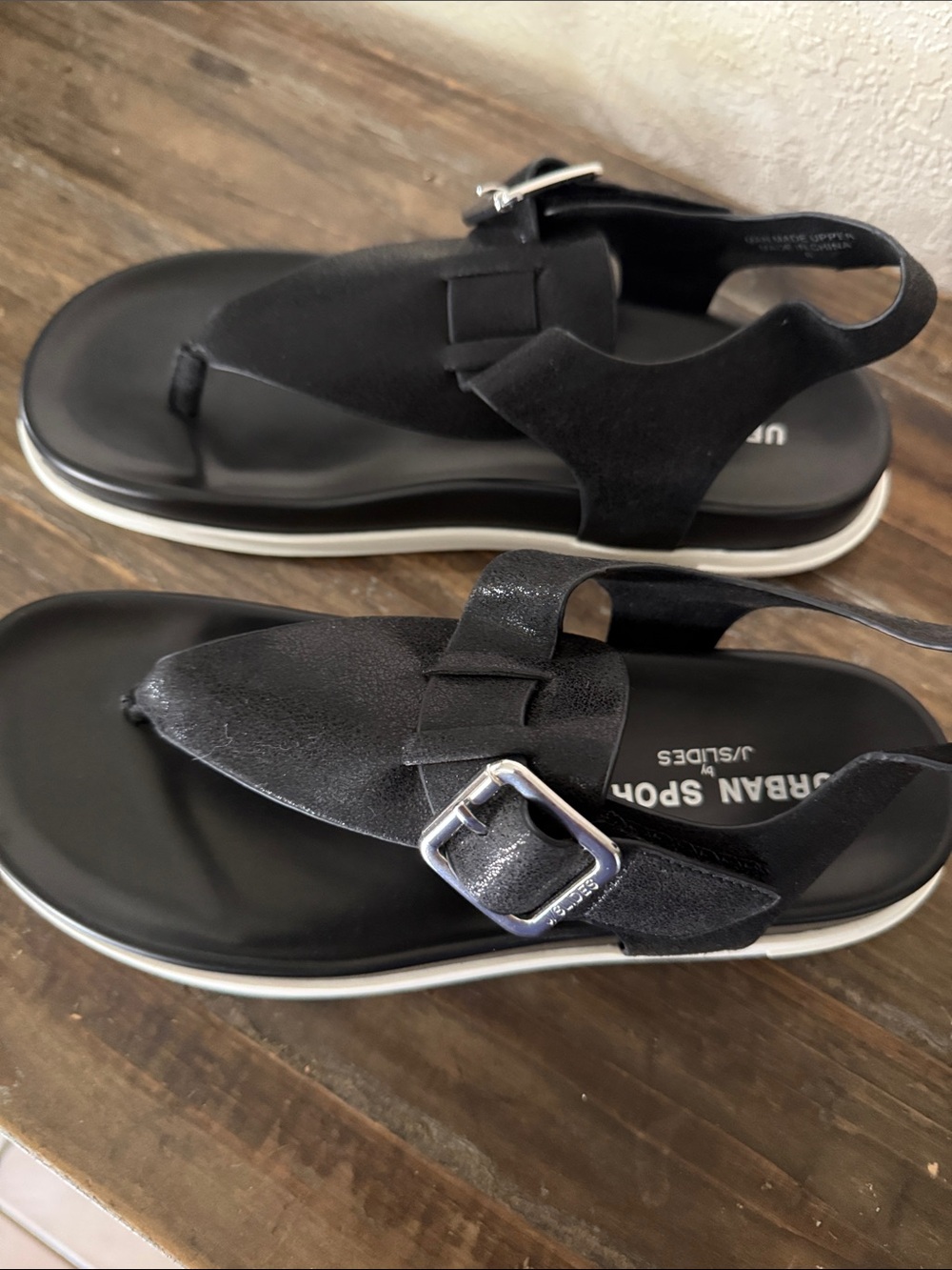 J Slides Black Sandals with Silver Buckle